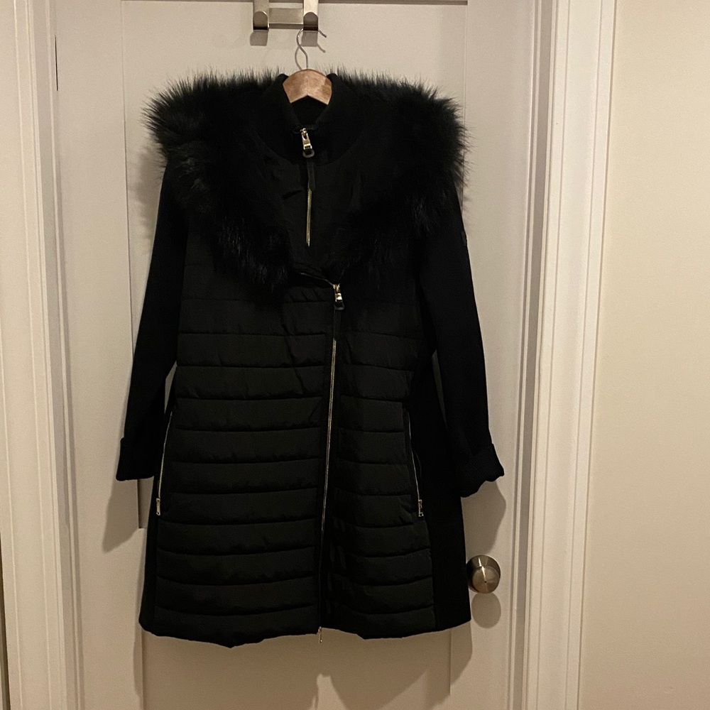 Calvin Klein Black Puffer Coat with Fur Trim